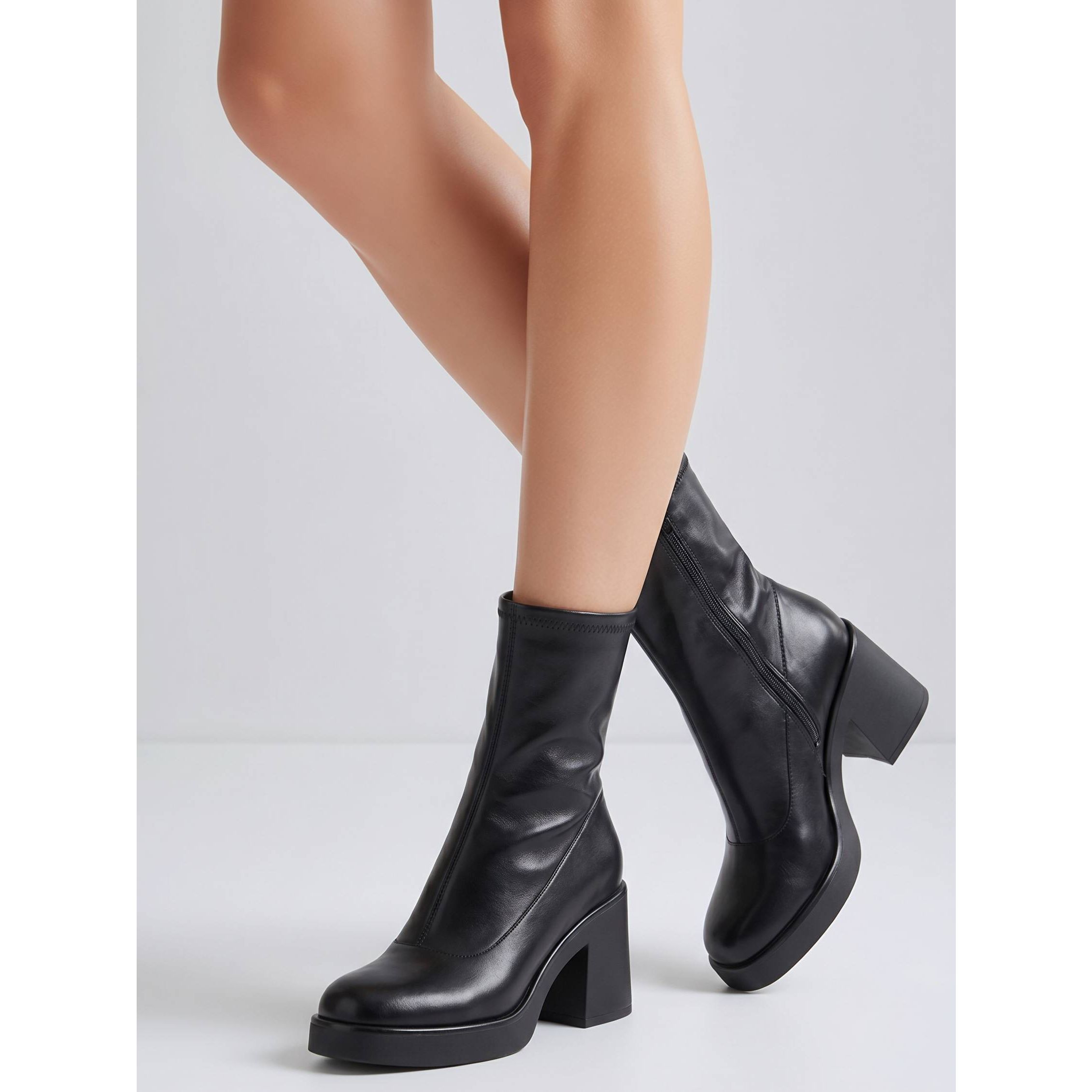 Nib Black Square Toe Platform Chunky Block Heel Boots Size 8